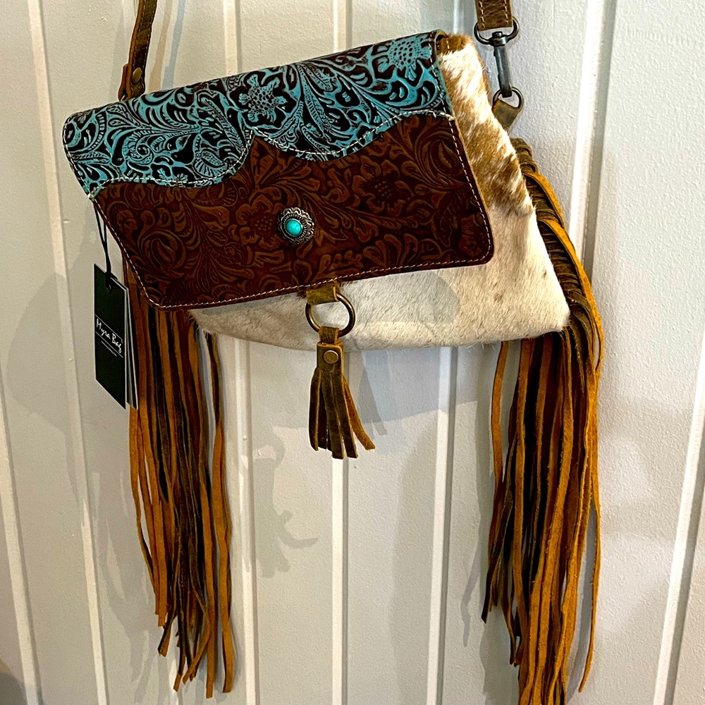 NWT Myra Fringed Leather and Cowhide Bag